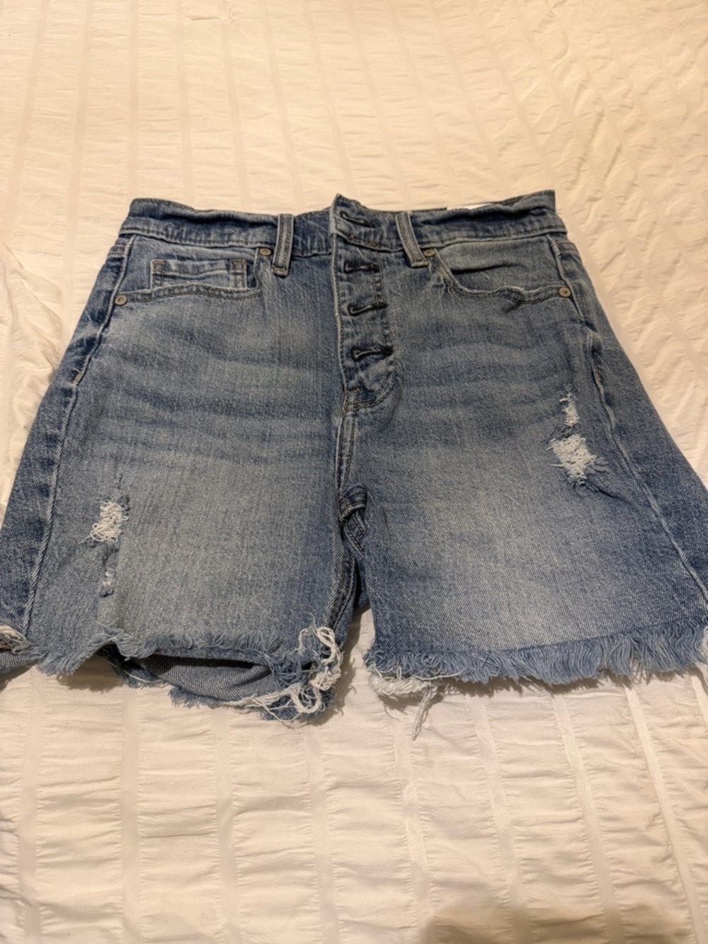 eunina Distressed High-Rise Denim Shorts - Light Blue